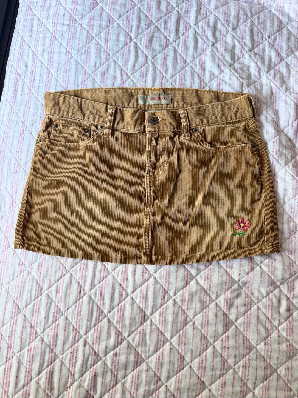 Hollister Corduroy Mini Skirt in Brown with Pink Embroidered Flower